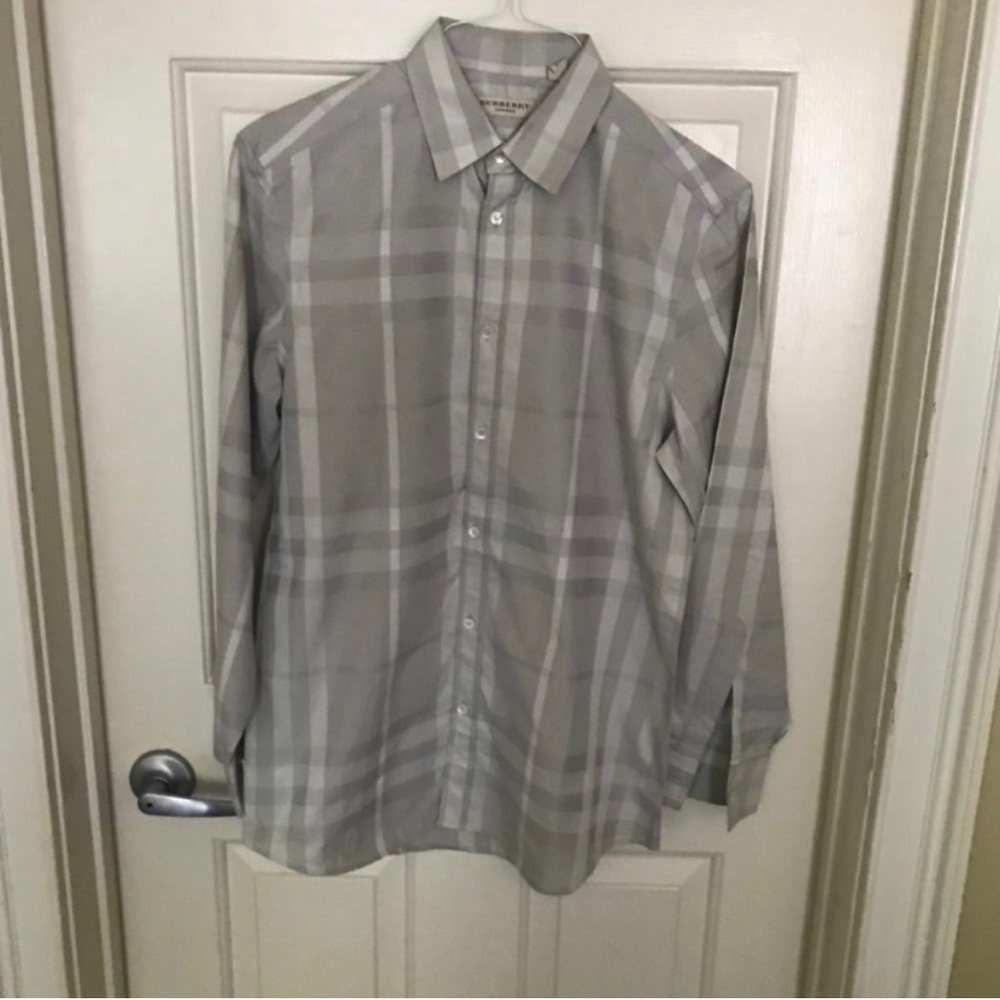 Burberry Men's Light Gray Plaid Long-Sleeve Button-Down Shirt